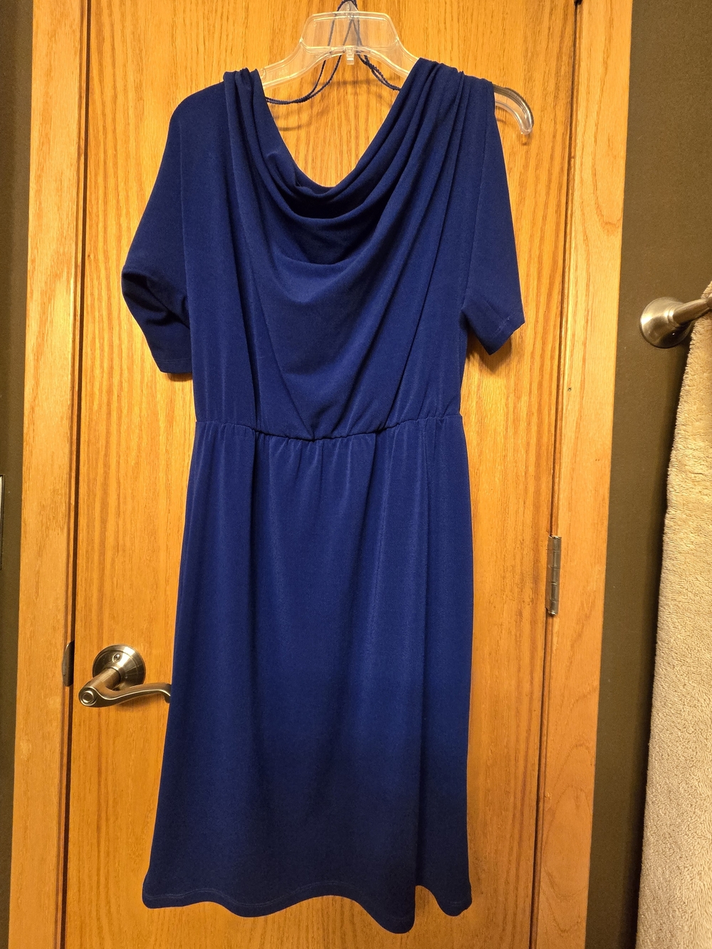 London Times Navy Blue Cowl-Neck Midi Dress